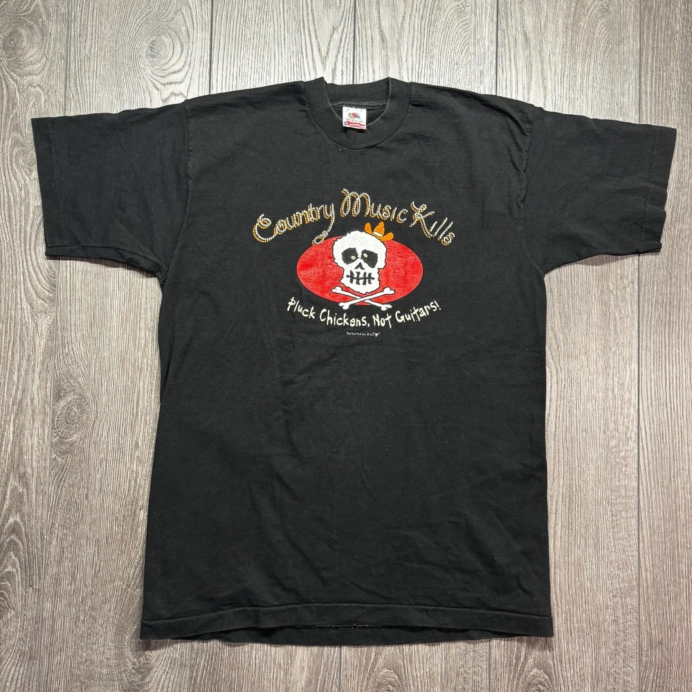 Vintage Country Music Kills Chickens Guitars Shirt 1990s Black Large Funny